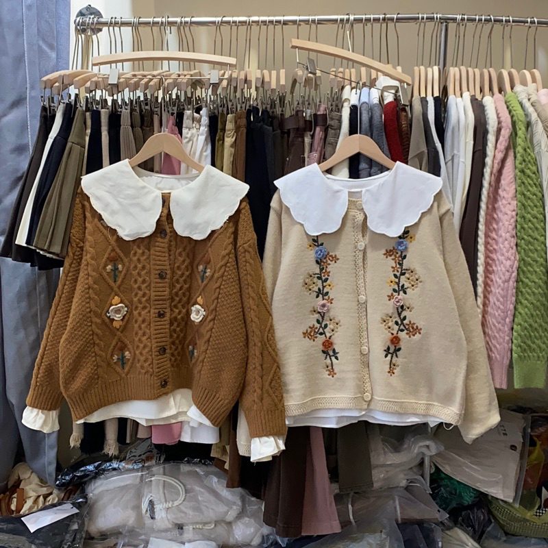 Áo cardigan len thừng thêu hoa