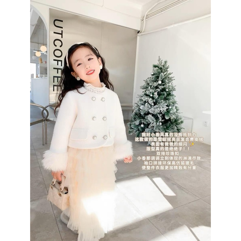 Set Áo Khoác dạ tay phối lông kèm Chân Váy nhiều tầng cho bé