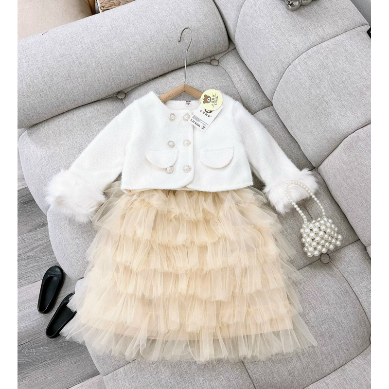 Set Váy Dạ Lông chân váy nhiều tầng cho bé gái