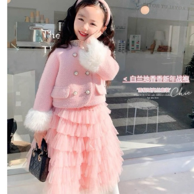 Set Áo Khoác dạ tay phối lông kèm Chân Váy nhiều tầng cho bé