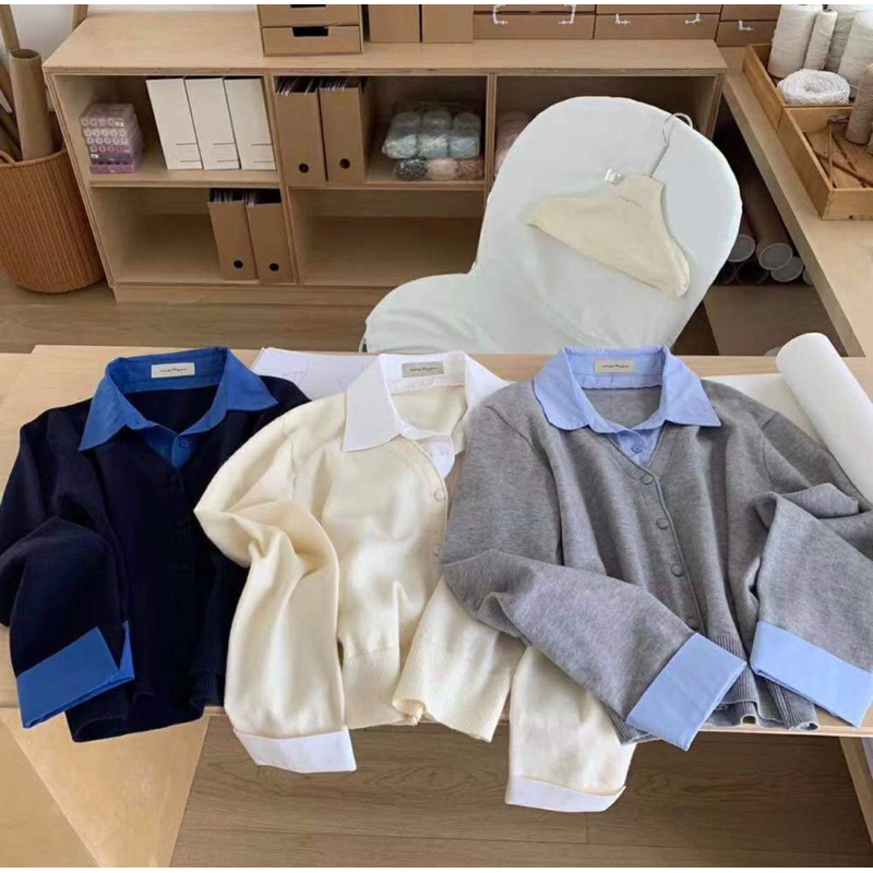 8223 ÁO LEN CỔ SƠ MI DÀI TAY CÚC BỌC