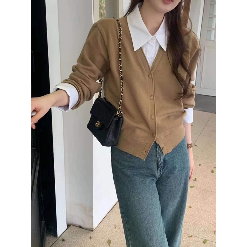 8223 ÁO LEN CỔ SƠ MI DÀI TAY CÚC BỌC