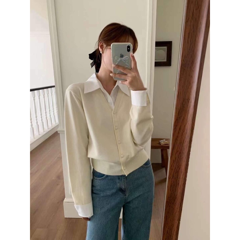 8223 ÁO LEN CỔ SƠ MI DÀI TAY CÚC BỌC