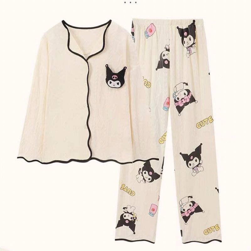Set pyjama có cổ cài khuy Kuromi xinh cute màu trắng be viền đen tôn da dài tay hình thêu mùa thu đông ulzzang