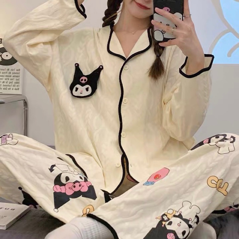 Set pyjama có cổ cài khuy Kuromi xinh cute màu trắng be viền đen tôn da dài tay hình thêu mùa thu đông ulzzang