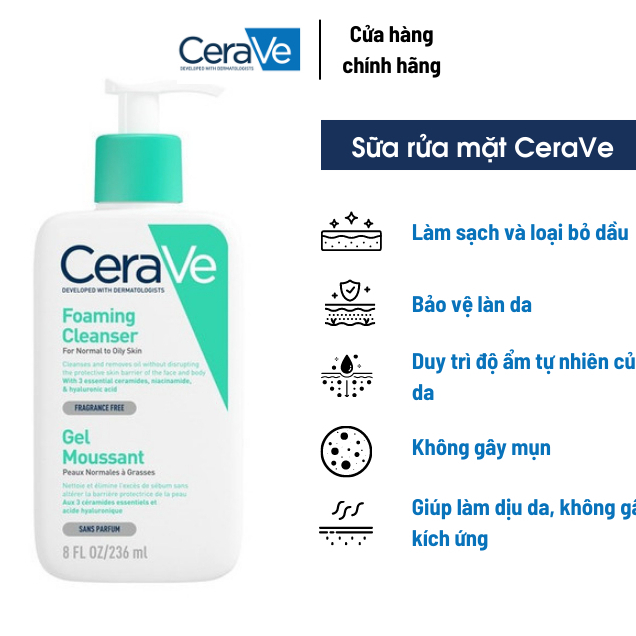 Sữa rửa mặt cerave cho da dầu da khô da nhạy cảm 236ml