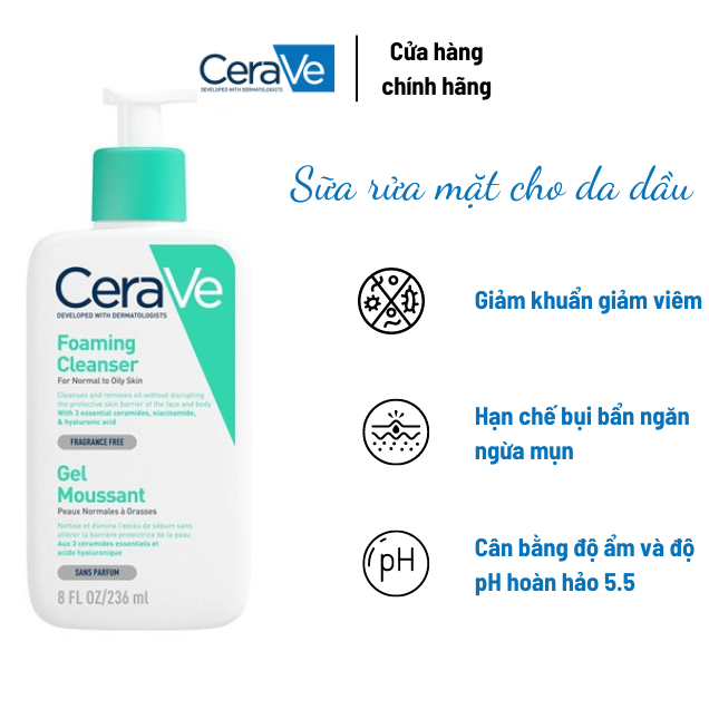 Sữa rửa mặt cerave cho da dầu da khô da nhạy cảm 236ml