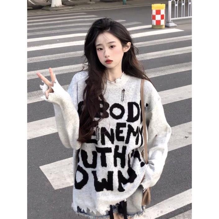 ÁO LEN RÁCH GẤU CHỮ NO BODY OVERSIZE, áo len dài Phong Cách Hip Hop Đường Phố Mỹ