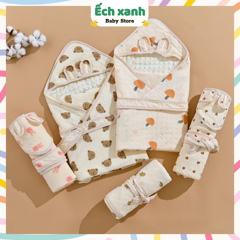 Ủ xô muslin 90*90cm cho bé ủ choàng tặng kèm dây đai cố định Ếch Xanh Baby Store