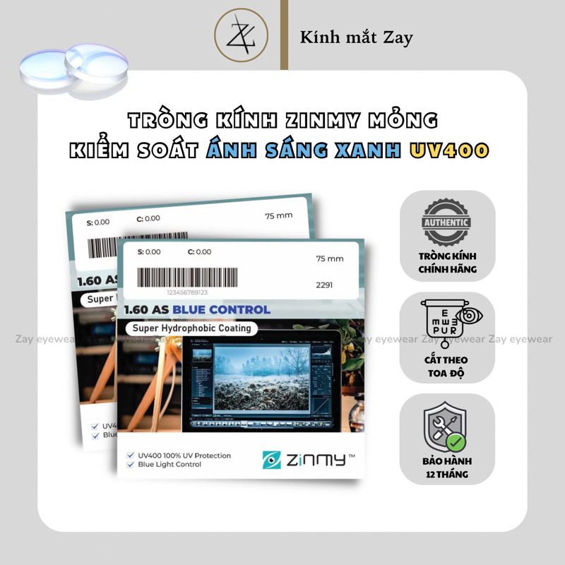 Tròng kính Mỏng Chống ánh sáng xanh Zinmy 1.60 Blue Protect chính hãng