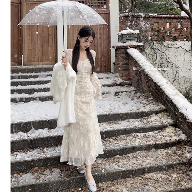 Đầm midi ren trắng hoạ tiết hoa xinh xắn nhẹ nhàng tiểu thư thanh lịch phong cách ulzzang SAM SAM BOUTIQUE