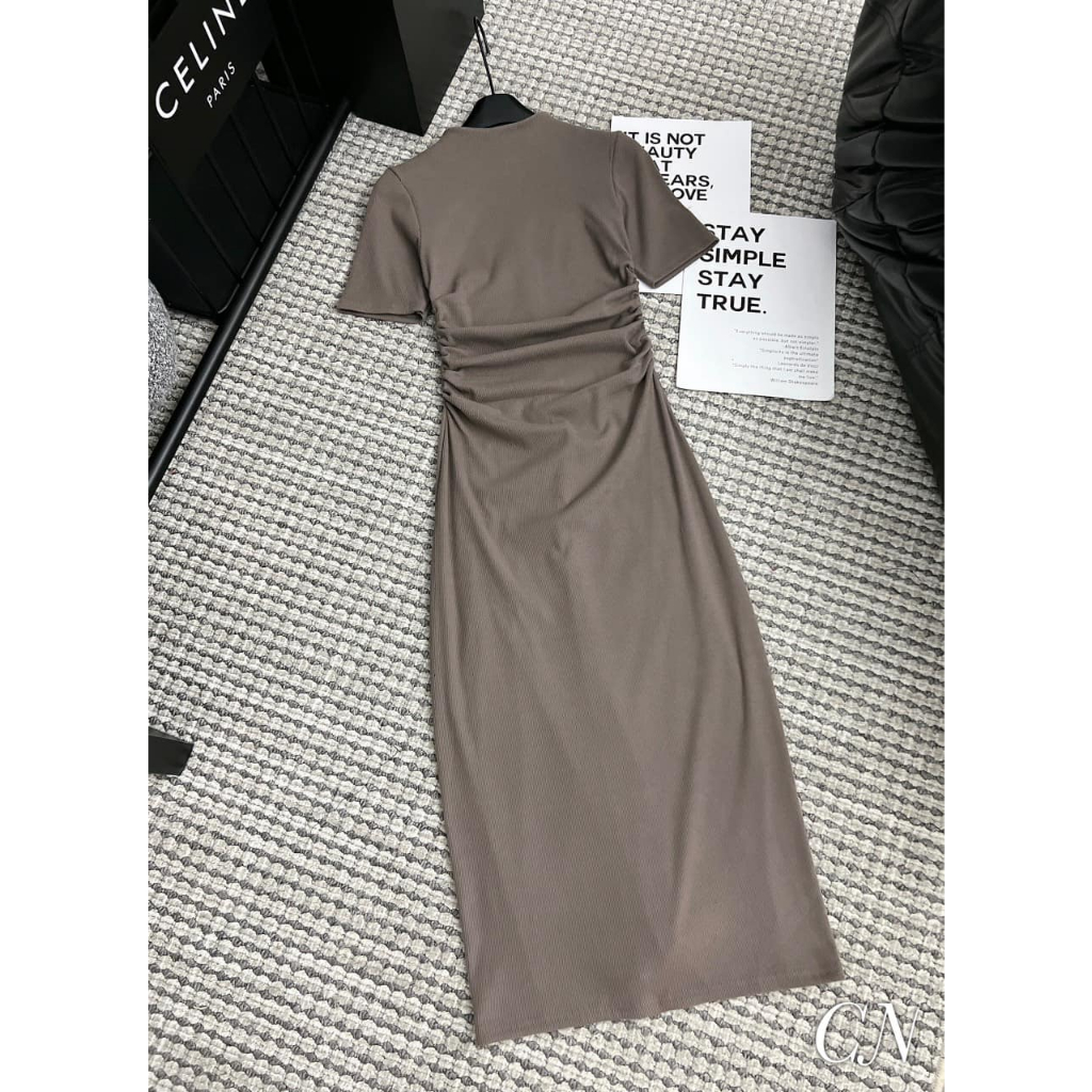 Váy body tăm nhung nhún bụng cộc tay dáng dài 3 màu