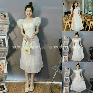  Đầm hoa nhí dáng dài cổ vuông đi chơi dự tiệc Nahouse váy trắng tiểu thư tay ngắn thiết kế đẹp xinh xắn xịn sang trọng 
