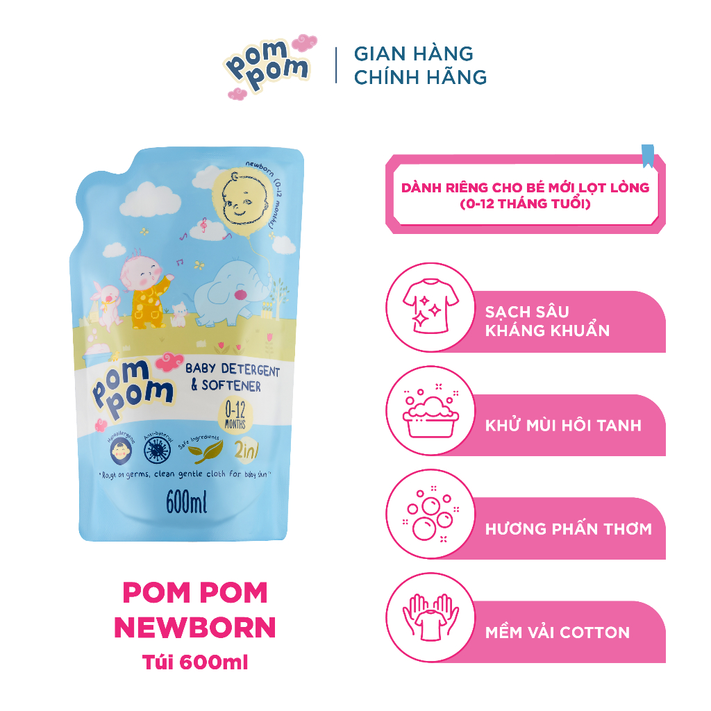 Nước Giặt Xả Cho Bé Sơ Sinh 0-12 Tháng Pom Pom Newborn Sạch Sâu Nôn Trớ cùng Hương Phấn Rôm Dịu Nhẹ
