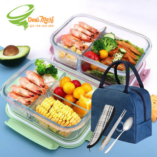 Hộp đựng cơm văn phòng bằng thủy tinh chia ngăn, chống tràn dùng cho lò vi sóng shop DealMart