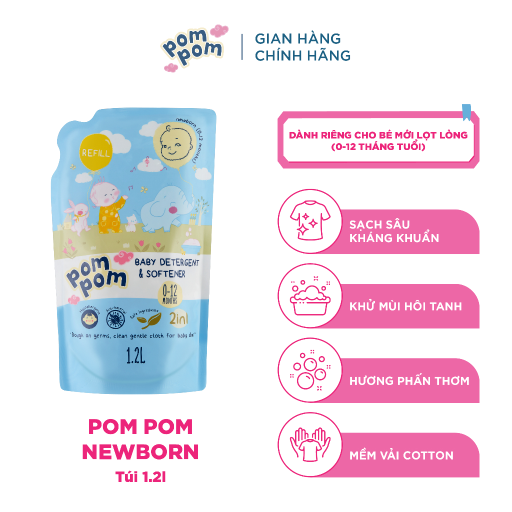 Nước Giặt Xả Cho Bé Sơ Sinh 0-12 Tháng Pom Pom Newborn Sạch Sâu Nôn Trớ, Ọc Sữa, Khử Mùi Hôi Tanh