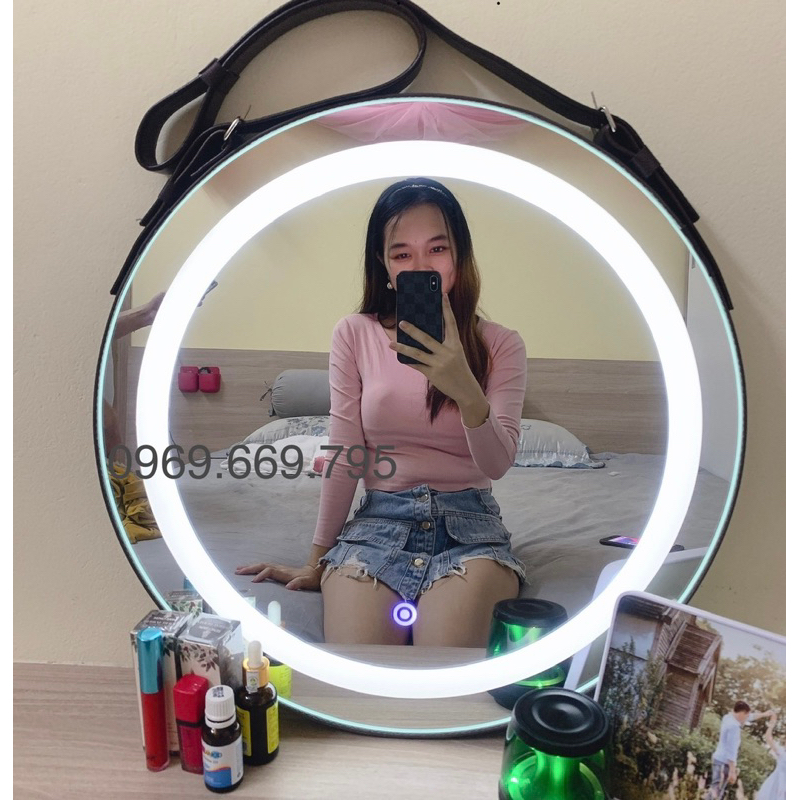 Gương treo tường gương trang điểm tròn viền da Gương dây da decor tặng kèm full phụ kiện dây da simili