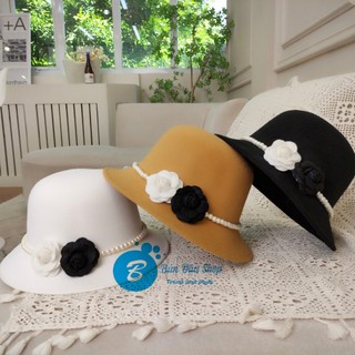 Mũ Dạ Vành Cụp Viền Ngọc Phối Hoa Trà