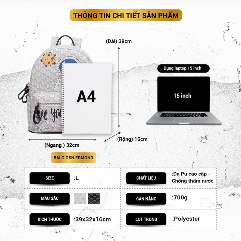 Balo QSN EDMOND MASION MONOGRAM Simpsons đen tặng kèm móc khoá ngựa da cao cấp đi học đựng laptop size M/L