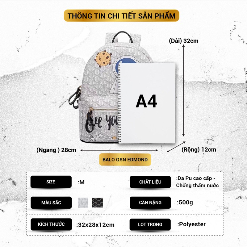 Balo QSN EDMOND MASION MONOGRAM Simpsons đen tặng kèm móc khoá ngựa da cao cấp đi học đựng laptop size M/L