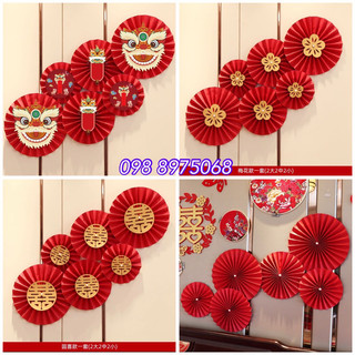 Set 6 Quạt giấy đỏ trang trí tết đã gấp sẵn, decor trang trí nhà cửa