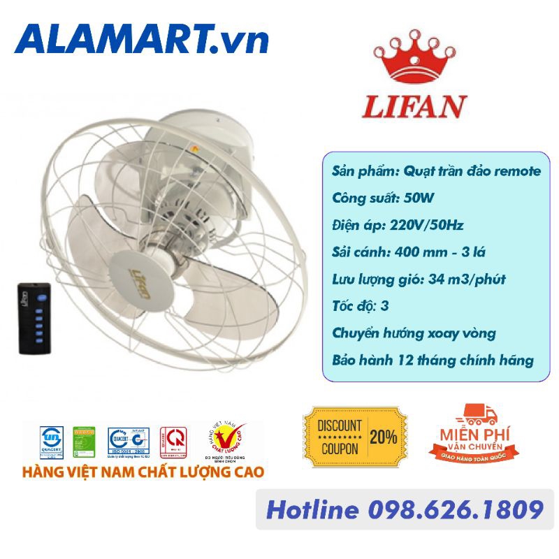 Quạt trần đảo remote Lifan TĐ-16RC