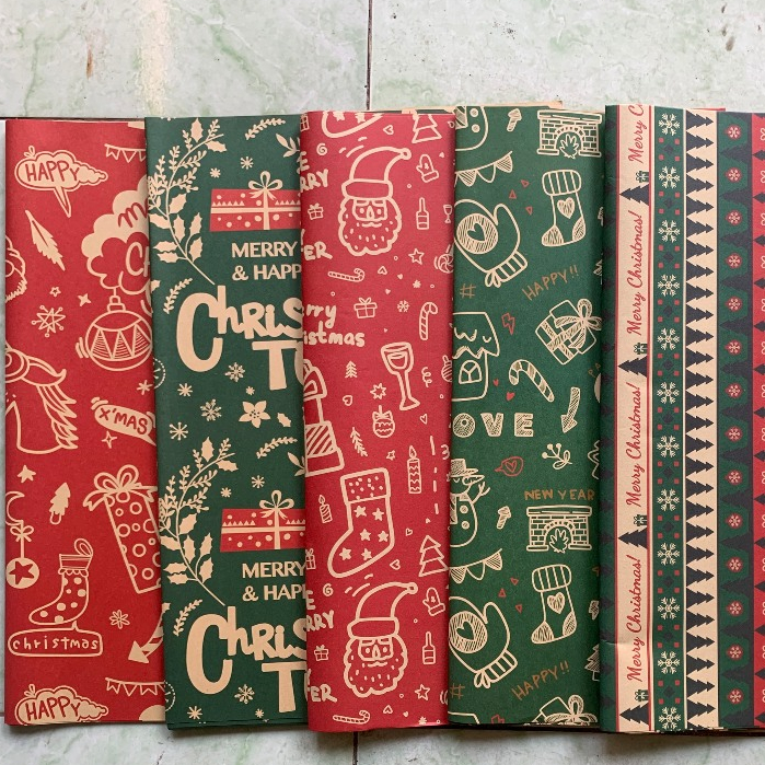 Giấy Gói Quà Noel, ruy băng họa tiết giáng sinh dạng kraft siêu kinh điển, cực sang
