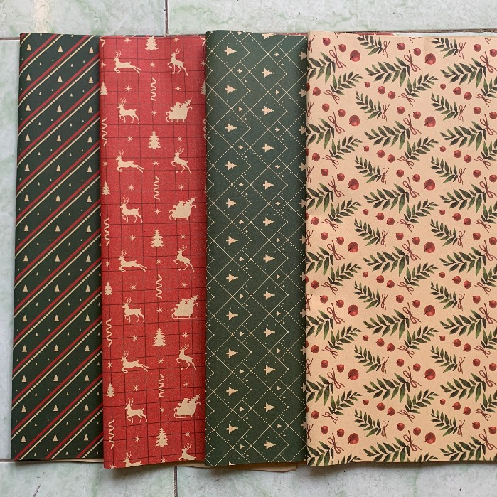 Giấy Gói Quà Noel, ruy băng họa tiết giáng sinh dạng kraft siêu kinh điển, cực sang