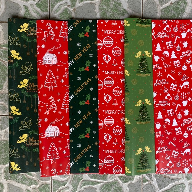 Giấy Gói Quà Noel, ruy băng họa tiết giáng sinh dạng kraft siêu kinh điển, cực sang