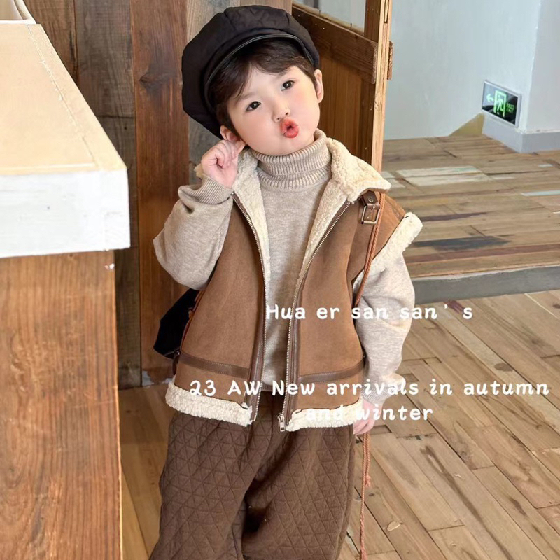 Áo khoác gile da lộn lót lông cừu thời trang xu hướng sẵn ship