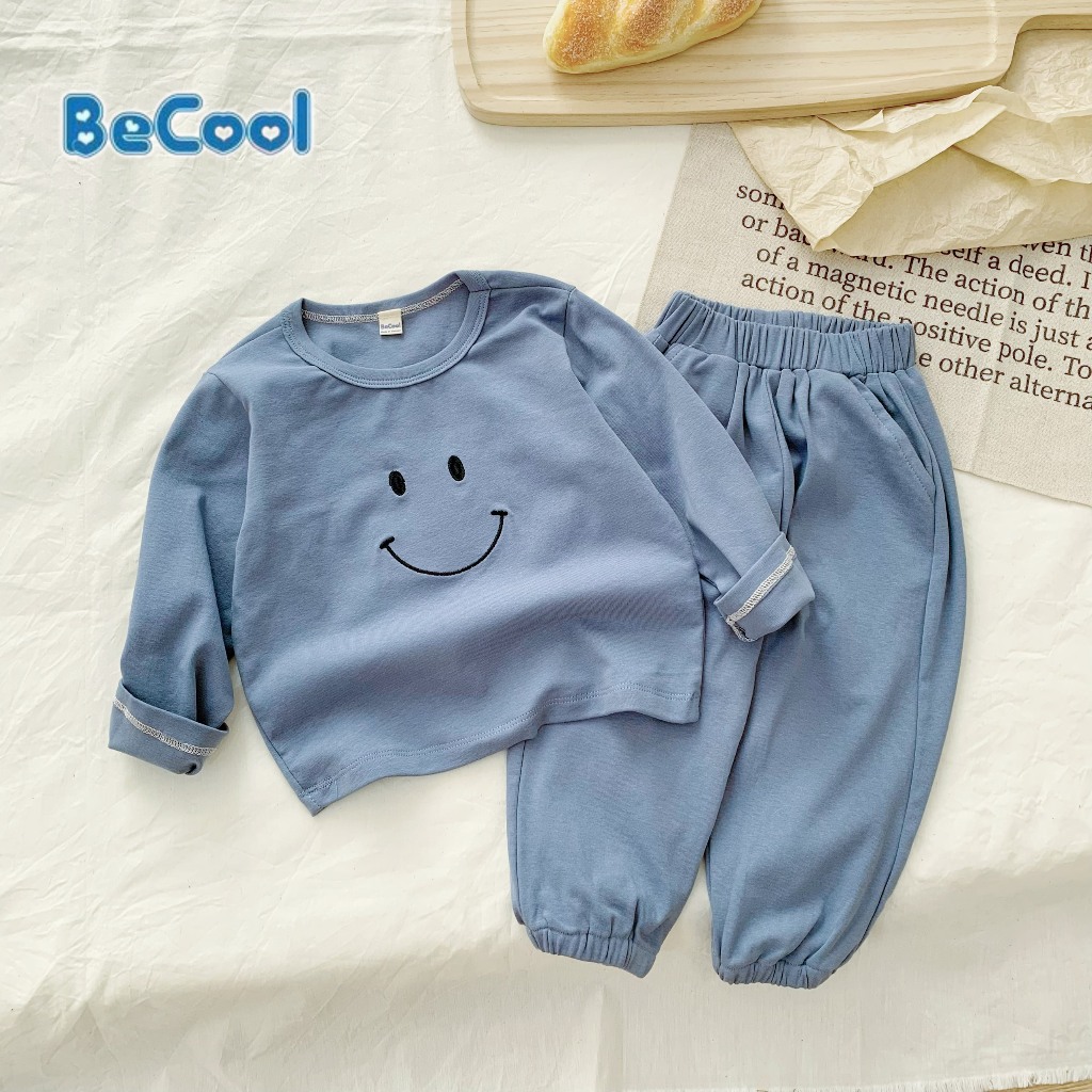 Bộ Dài Tay Thêu Hình Miệng Cười BECOOL, Bộ dài Tay Thu Đông Thêu Hình Miệng Cười Cho Bé Từ 9-27kg