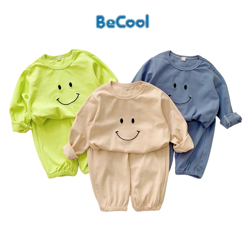 Bộ Dài Tay Thêu Hình Miệng Cười BECOOL, Bộ dài Tay Thu Đông Thêu Hình Miệng Cười Cho Bé Từ 9-27kg