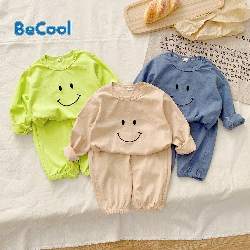 Bộ Dài Tay Thêu Hình Miệng Cười BECOOL, Bộ dài Tay Thu Đông Thêu Hình Miệng Cười Cho Bé Từ 9-27kg