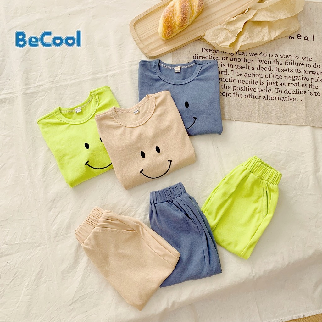 Bộ Dài Tay Thêu Hình Miệng Cười BECOOL, Bộ dài Tay Thu Đông Thêu Hình Miệng Cười Cho Bé Từ 9-27kg
