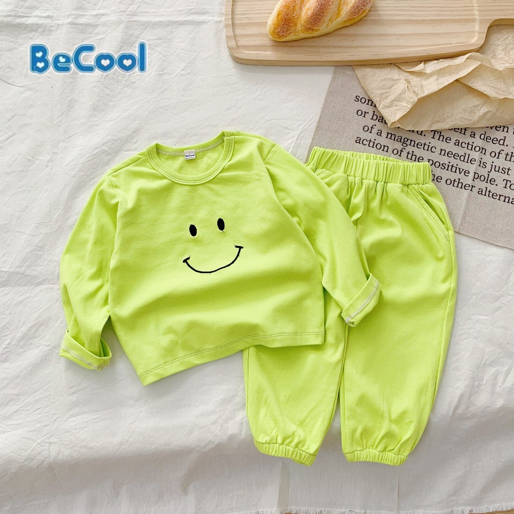 Bộ Dài Tay Thêu Hình Miệng Cười BECOOL, Bộ dài Tay Thu Đông Thêu Hình Miệng Cười Cho Bé Từ 9-27kg