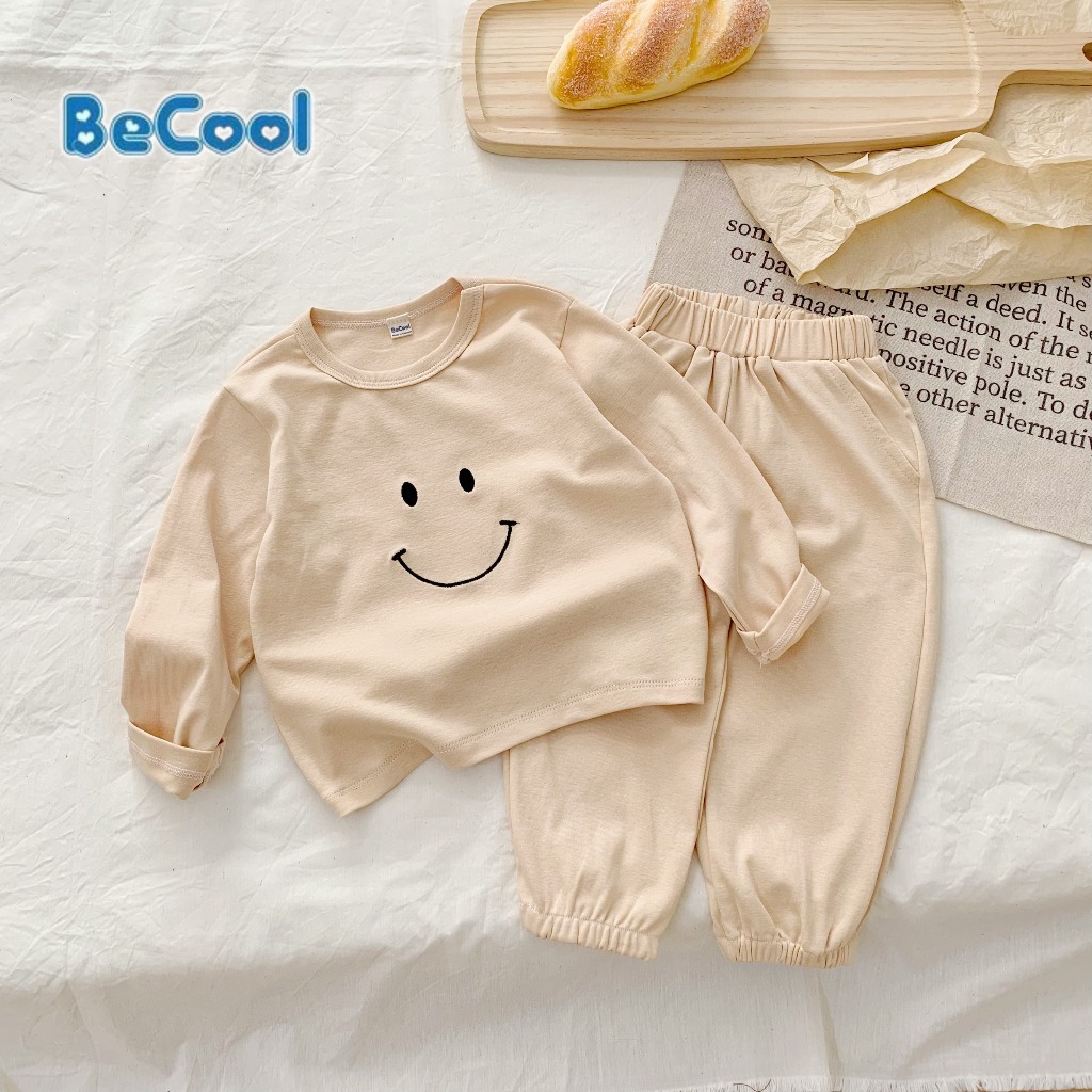 Bộ Dài Tay Thêu Hình Miệng Cười BECOOL, Bộ dài Tay Thu Đông Thêu Hình Miệng Cười Cho Bé Từ 9-27kg