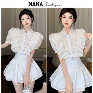 Set áo bèo cổ sơ mi phối viền đá mix chân váy tâng xoè, phù hợp với cô nàng thích phong cách tiểu thư bánh bèo