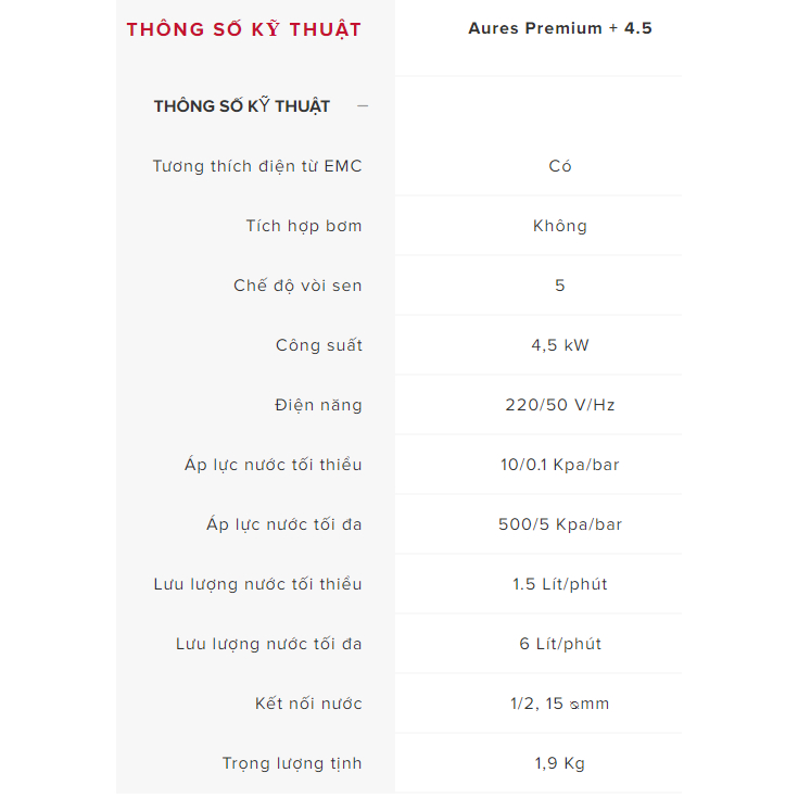 AURES PREMIUM+ 4.5  - Miễn Phí Công Lắp Đặt - Máy Nước Nóng Ariston Aures Premium+ 4.5 4500W