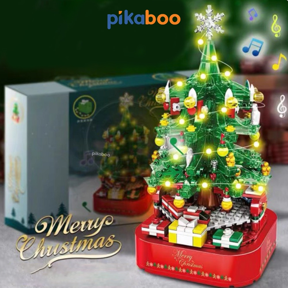 Lego cây thông noel Pikaboo Hộp nhạc giáng sinh có đèn sáng lấp lánh và phát nhạc, chất liệu cao cấp an toàn