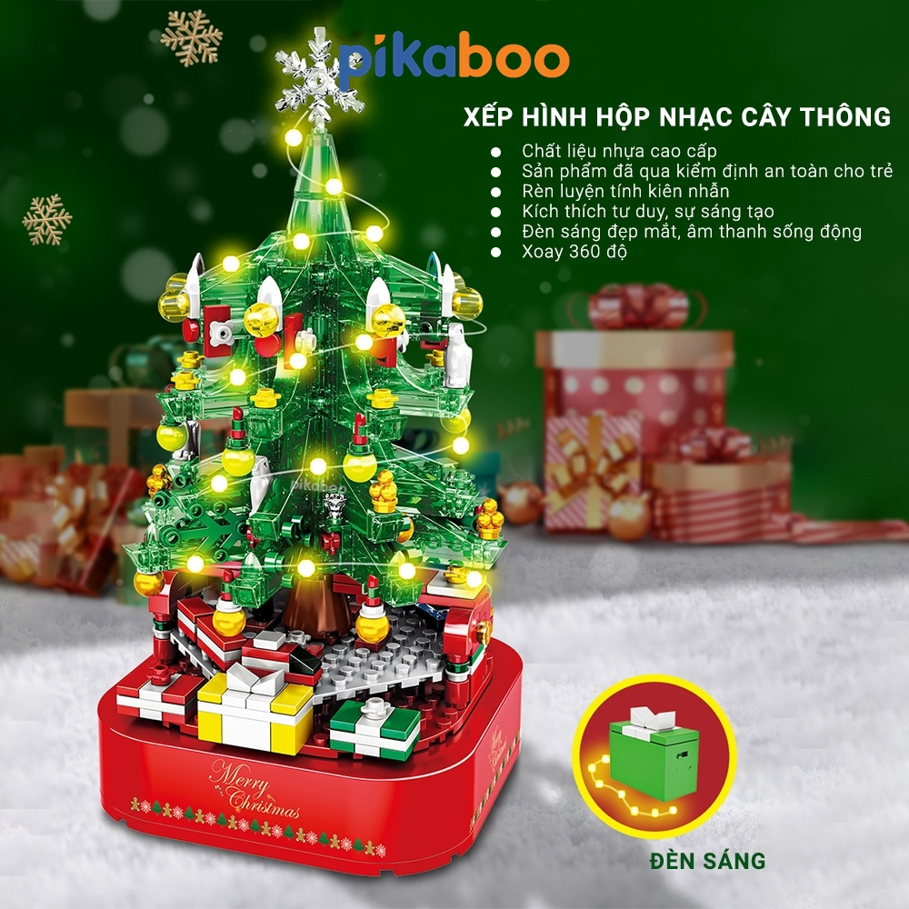 Lego cây thông noel Pikaboo Hộp nhạc giáng sinh có đèn sáng lấp lánh và phát nhạc, chất liệu cao cấp an toàn