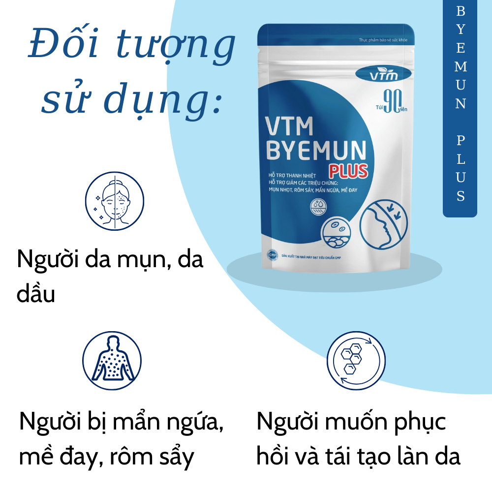Viên uống VTM Byemun Plus hỗ trợ giảm mụn, thanh nhiệt - Túi 90v