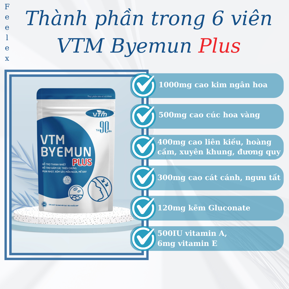 Viên uống VTM Byemun Plus hỗ trợ giảm mụn, thanh nhiệt - Túi 90v