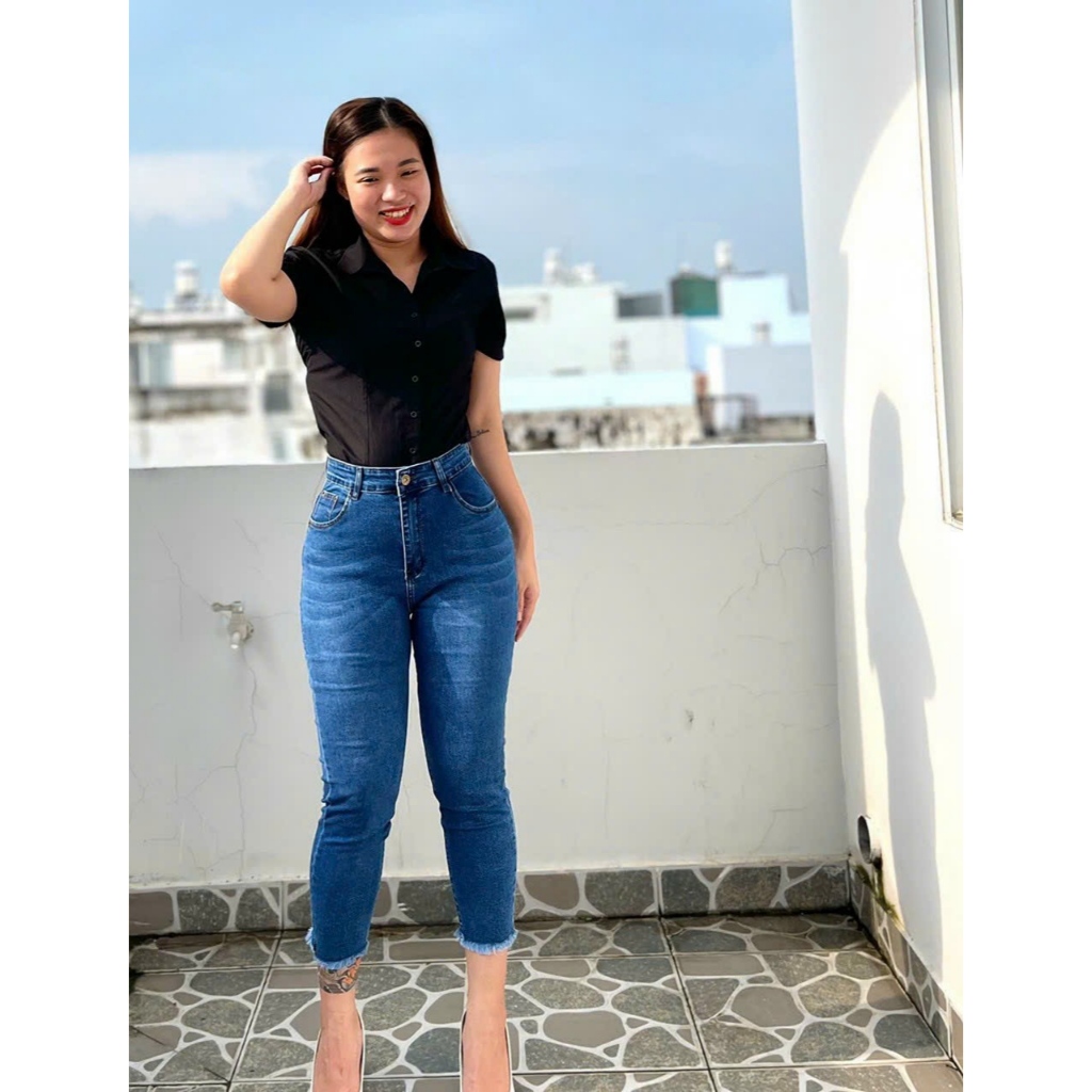 Quần Jean Nữ 9 Tấc Hàng Co Giãn Mẫu Trơn Màu Xanh Đậm Ảnh Chụp Thật Từ 60-85kg