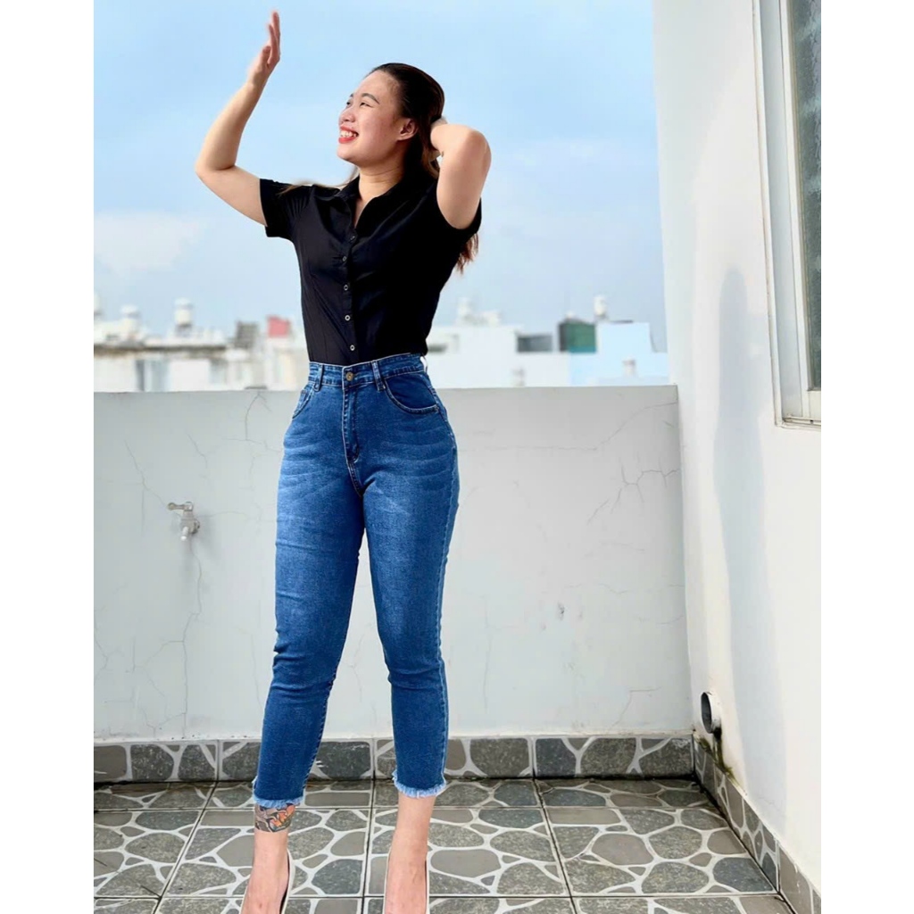 Quần Jean Nữ 9 Tấc Hàng Co Giãn Mẫu Trơn Màu Xanh Đậm Ảnh Chụp Thật Từ 60-85kg