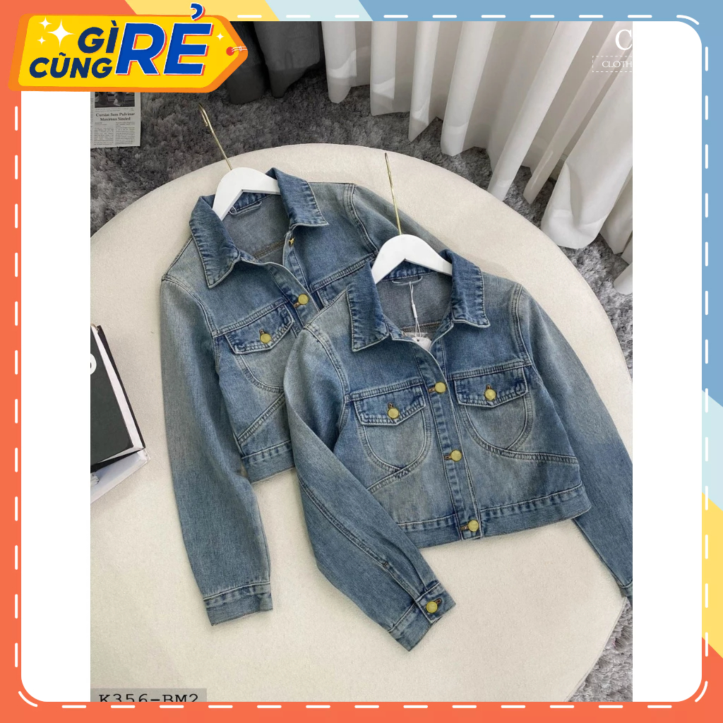 Áo Khoác JEAN CROPTOP CT709 Khuy Đồng Túi Tim Dáng Ngắn Cá Tính Dài Tay Mặc Thu Đông Dạo Phố Cực Sang