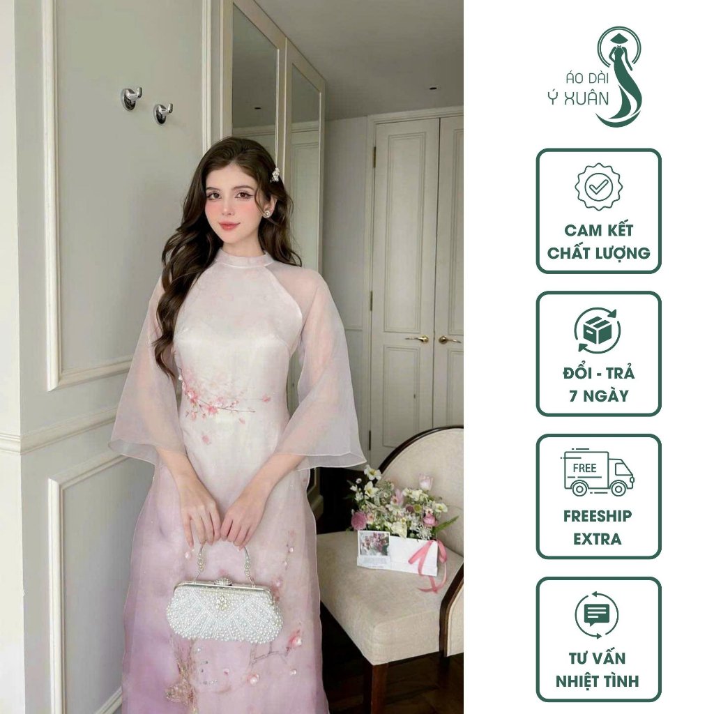 Áo Dài Cách Tân Nữ Tay Lỡ Loe Tiểu Thư Thanh Lịch 4 Tà 2 Lớp Áo Dài Ý Xuân