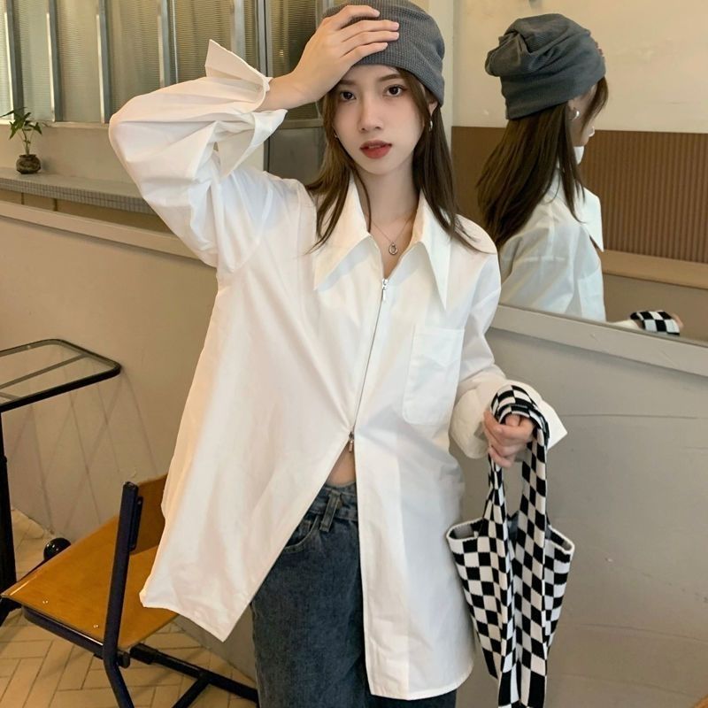 Áo sơ mi nữ Beyo áo sơ mi kéo khoá 2 đầu dáng rộng sơ mi trơn dài tay cổ đức xẻ tà phong cách Hàn Quốc FG004 | BigBuy360 - bigbuy360.vn