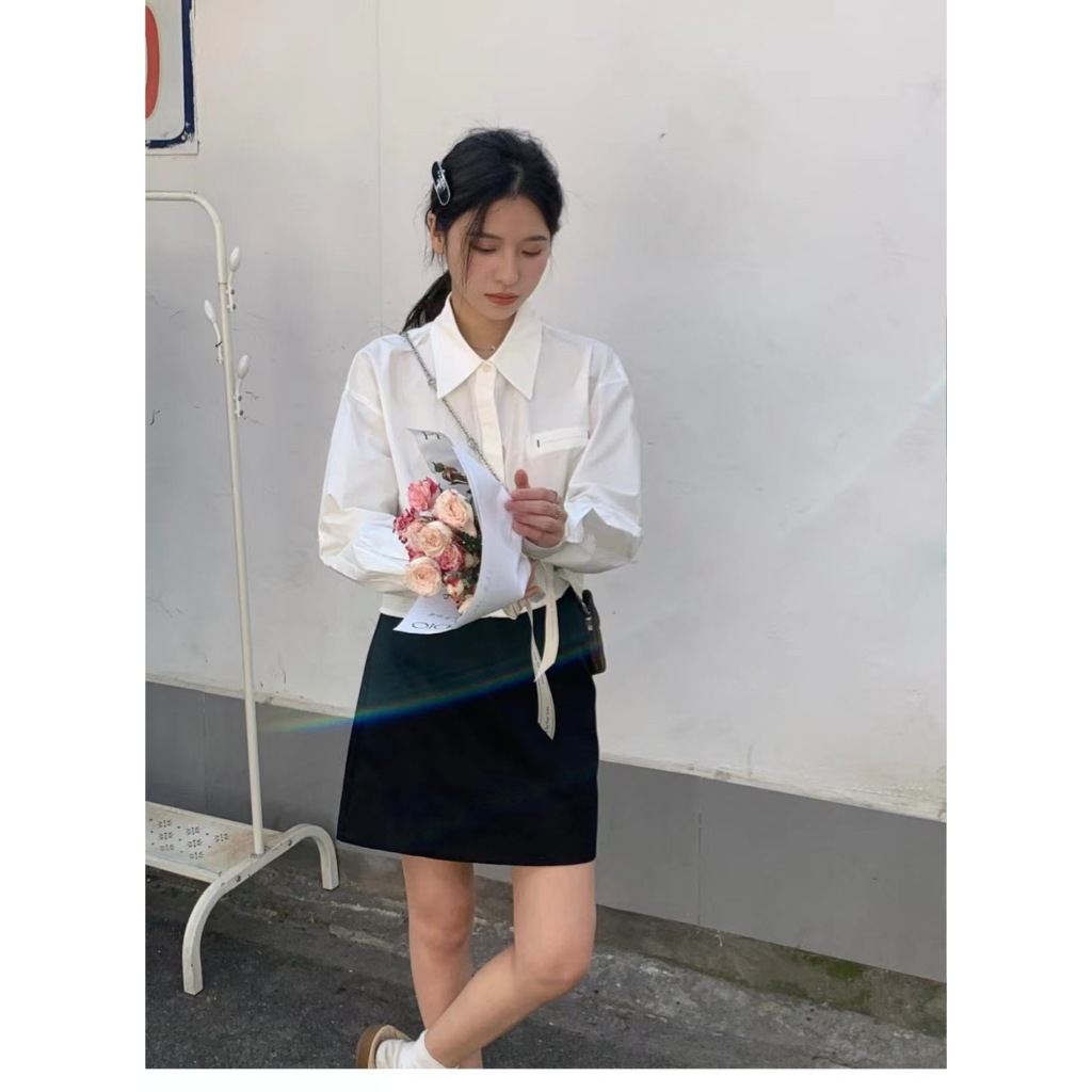 Áo sơ mi tay dài dáng ngắn Forlyoffical sơ mi trơn croptop cổ đức thời trang Hàn Quốc FG046