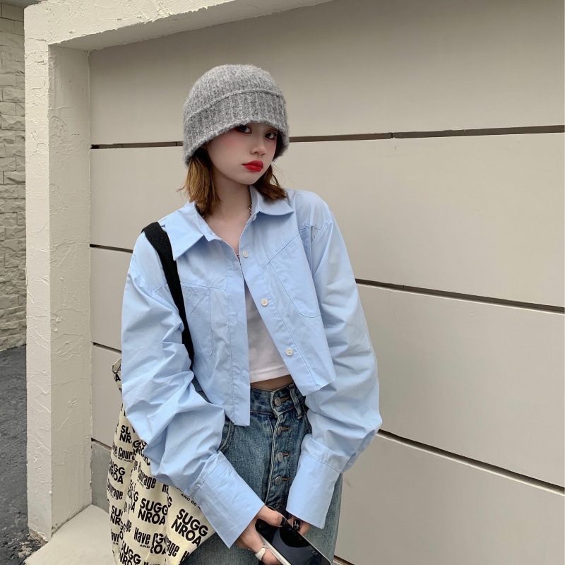 Áo sơ mi tay dài dáng ngắn Forlyoffical sơ mi trơn croptop cổ đức thời trang Hàn Quốc FG046