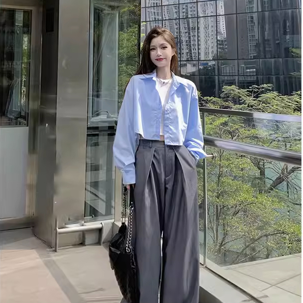 Áo sơ mi tay dài dáng ngắn Forlyoffical sơ mi trơn croptop cổ đức thời trang Hàn Quốc FG046